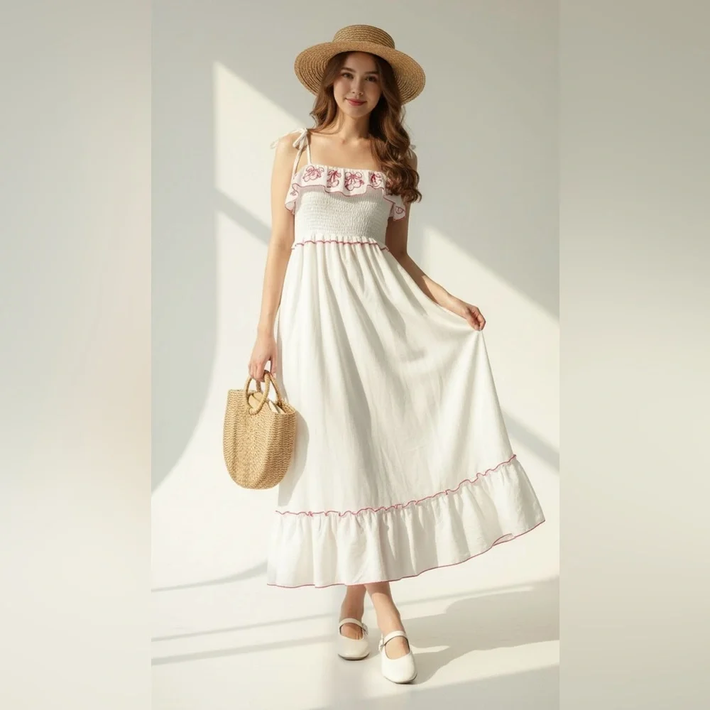 Embroidered Linen Midi Dress M Red White Countryside Cottage Classic Feminine - Picture 17 of 17